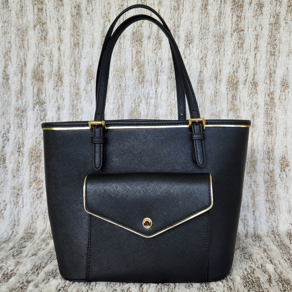 Michael Kors "Saffiano Frame" Jet Set Medium Tote Purse Black Leather Authentic - Picture 2 of 15